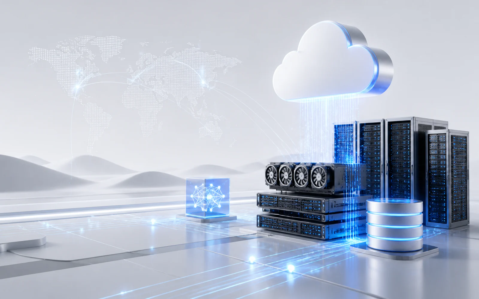 数据中心内的 GPU 计算服务器与云端 AI 推理架构示意图