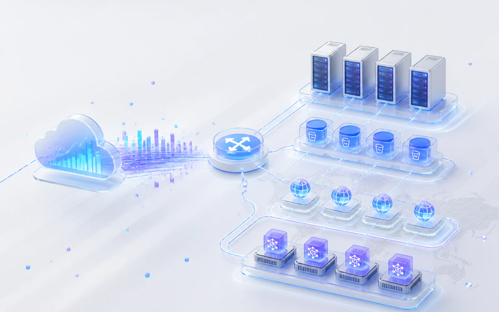 展示 AI 应用流量突增时，云服务器、对象存储、CDN 边缘节点和 GPU 资源协同扩容的封面示意图